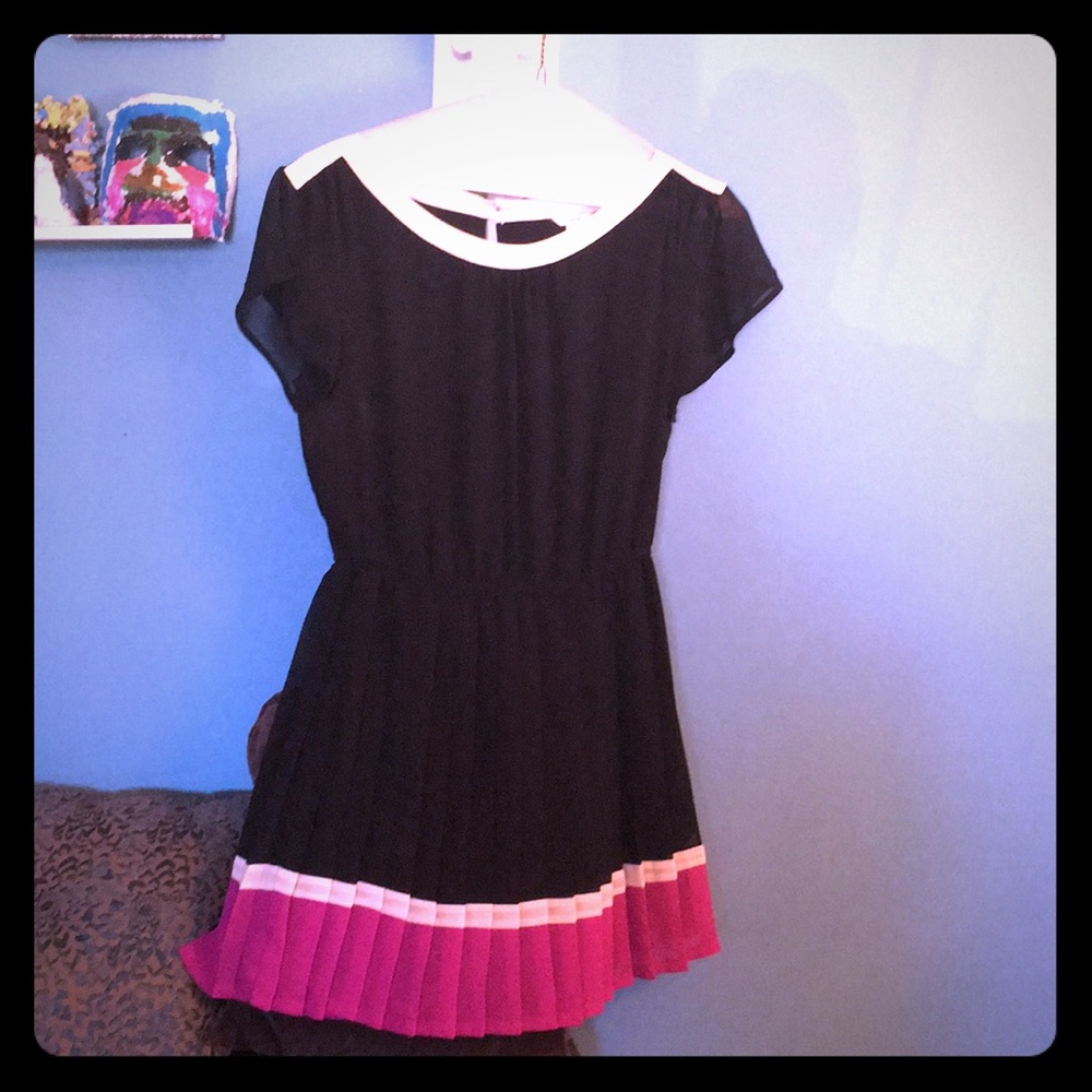 Black, cream and magenta pleated dress